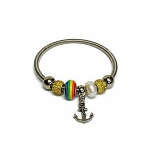 Pride Anchor Charm Bracelet – Silver, Colorful Beads & 2.5” Diameter Rainbow